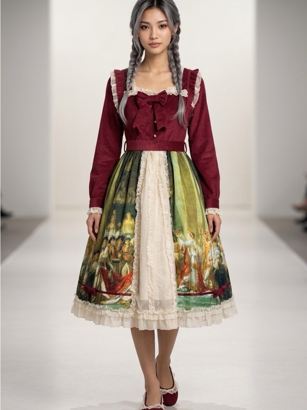 2180 - Victorian-Inspired Burgundy & Cream Dress (Crinoline Not included)